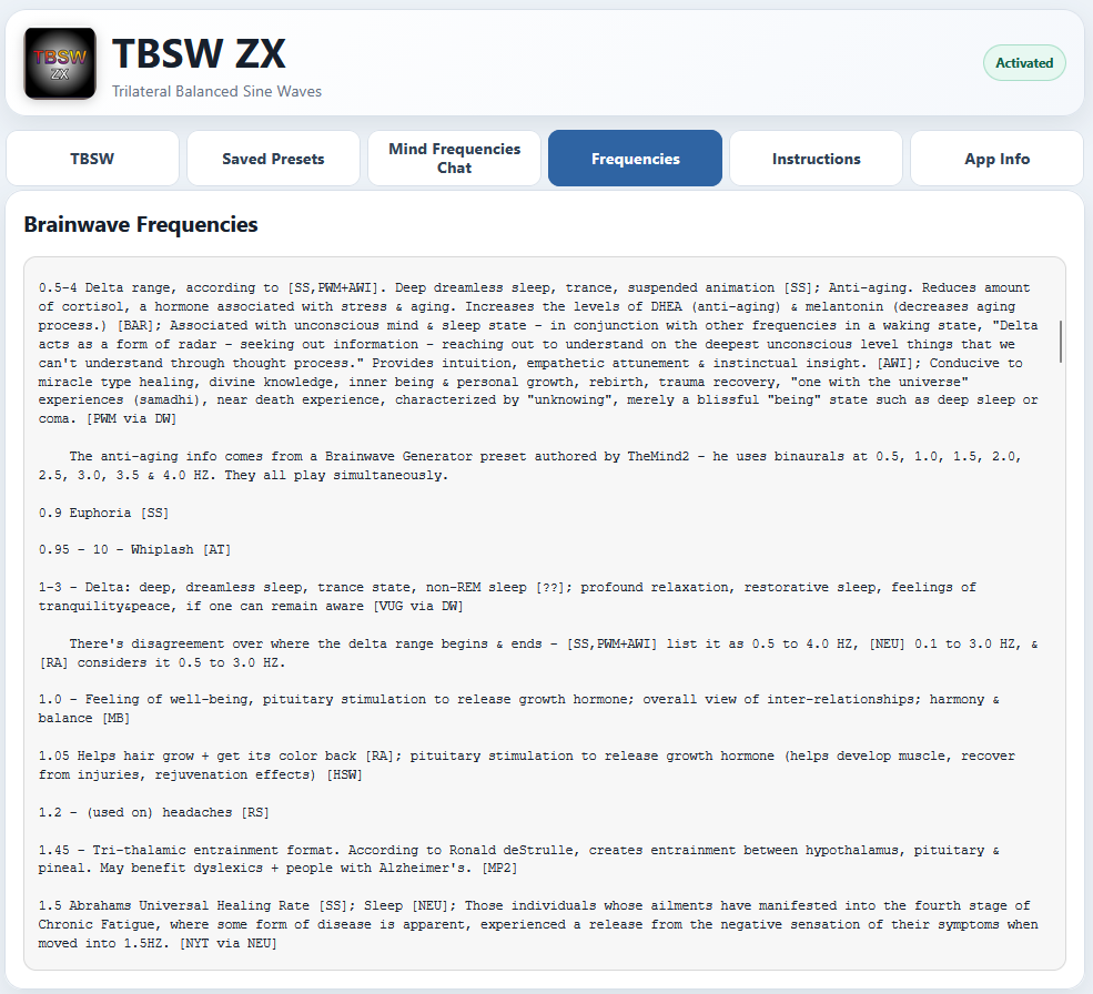 Built-in TBSW ZX Brainwave Frequencies reference displayed as readable browser text