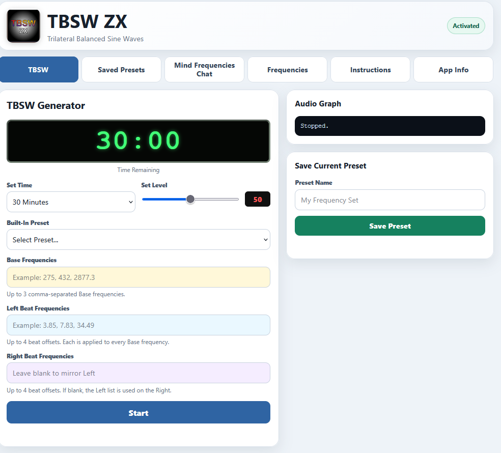 TBSW ZX frequency app running on a computer with ready-made presets, custom Base, Left and Right frequencies, timer and Audio Graph