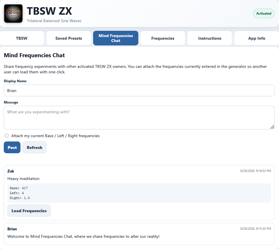 Mind Frequencies Chat in TBSW ZX showing shared Base, Left and Right frequencies and a Load Frequencies button
