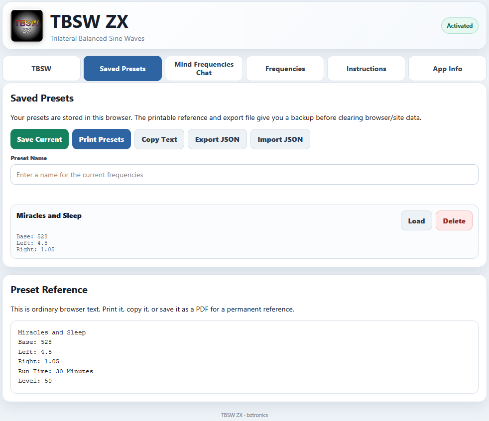 TBSW ZX Saved Presets screen with printable Preset Reference, Load, Delete, Export JSON and Import JSON